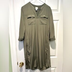 Chico's Women's Sage Green Shirt Dress Pockets Size 0 Small Midi 3/4 Sleeve Snap